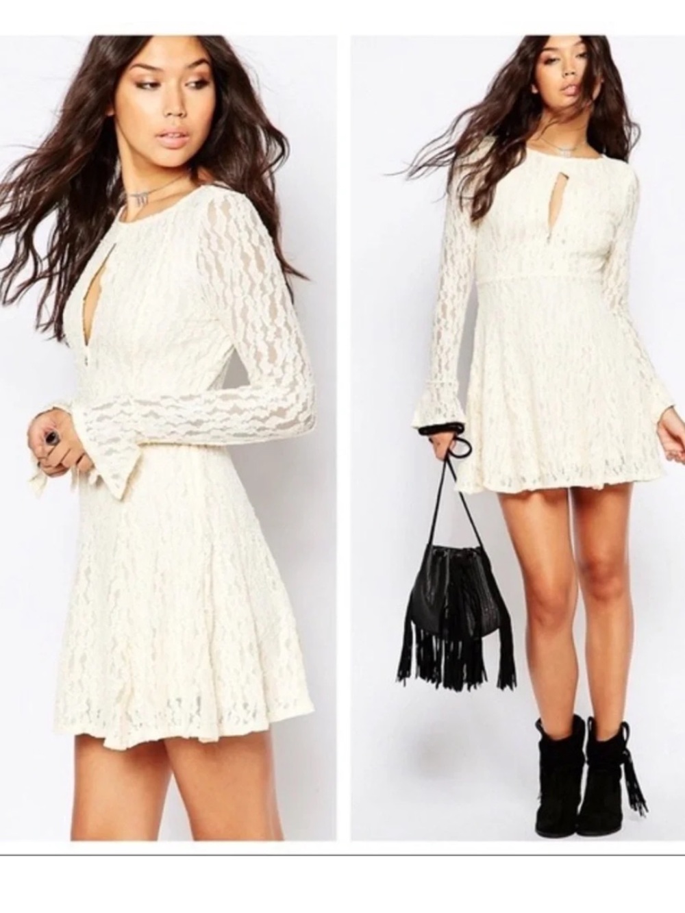 Free People Cream Lace Keyhole Long-Sleeve Mini Dress
